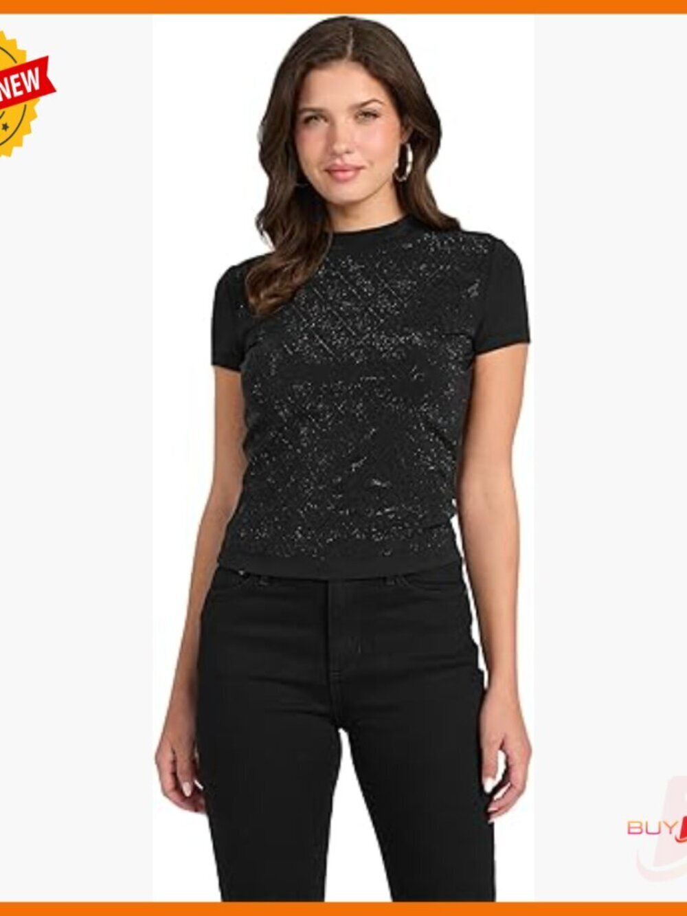 Slim Fit Cropped Tee with Rhinestone Embellishments, Mock Neck